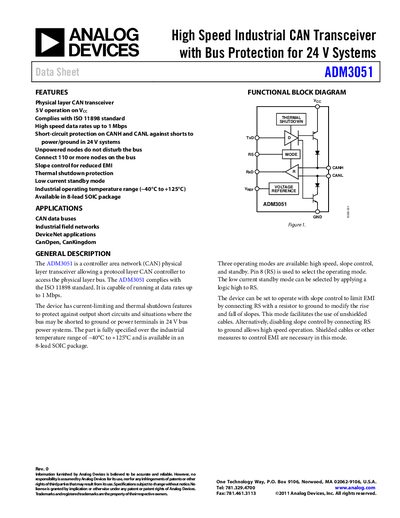 Analog Devices ADM3051 High Speed CAN Transceiver Datasheet - cover page