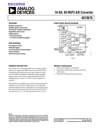 Analog Devices AD10678 16-Bit 80 MSPS A/D Converter Datasheet - cover page