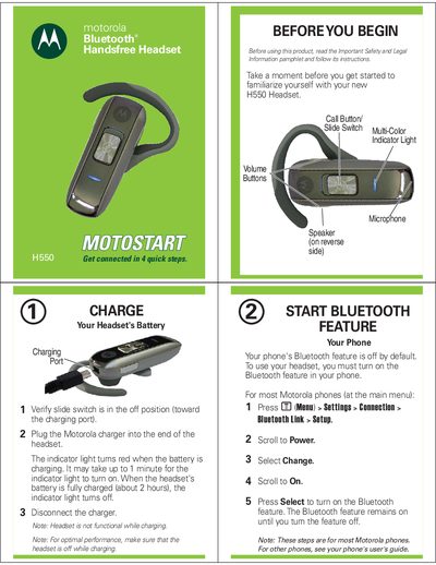 Motorola H550 Bluetooth Handsfree Headset Quick Start Guide - cover page