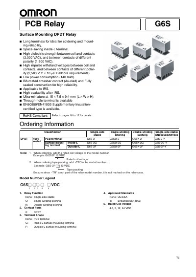 Omron G6S Surface Mounting DPDT Relay Datasheet - cover page