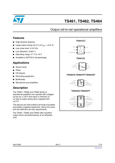 STMicroelectronics TS461/TS462/TS464 Operational Amplifiers Datasheet