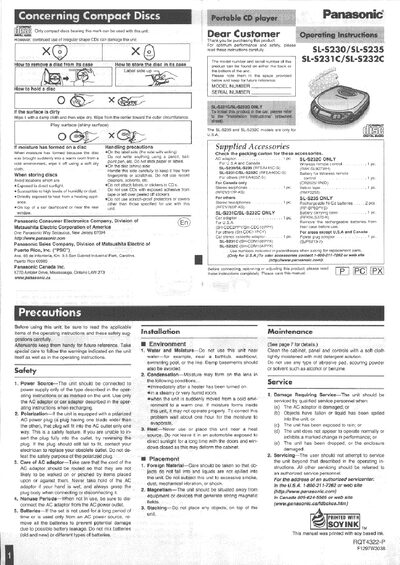 Panasonic SL-S230/SL-S235/SL-S231C/SL-S232C Portable CD Player User Manual - cover page