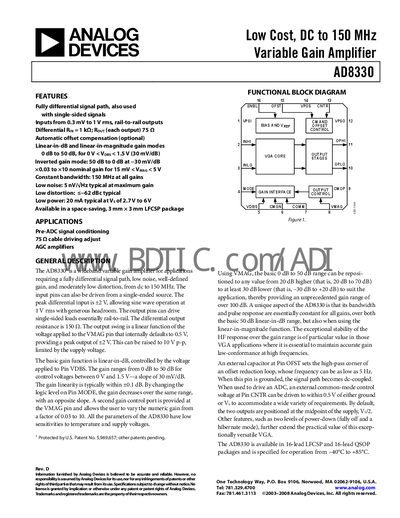 Analog Devices AD8330 Variable Gain Amplifier Datasheet - cover page