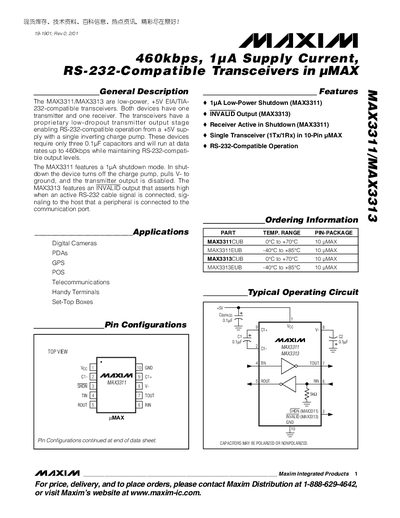 Maxim MAX3311/MAX3313 RS-232-Compatible Transceiver Datasheet - cover page