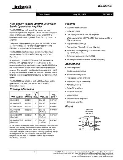 Intersil ISL55002 Operational Amplifier Datasheet - cover page