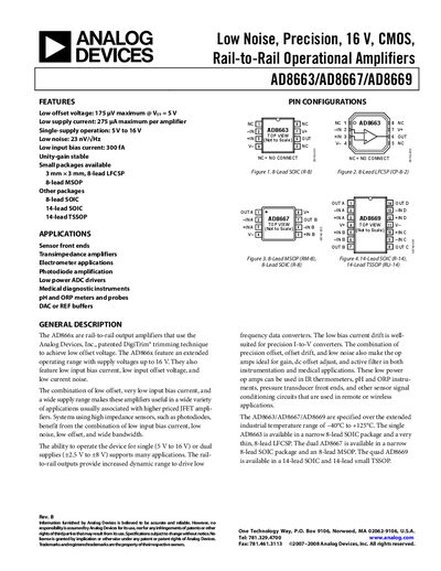 Analog Devices AD8663/AD8667/AD8669 Low Noise Precision 16 V CMOS Rail-to-Rail Operational Amplifiers Datasheet
