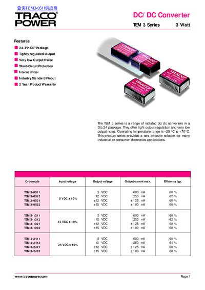 Traco Power TEM 3 Series 3 Watt DC/DC Converter Datasheet - cover page