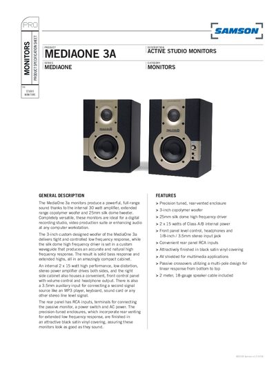 Samson MediaOne 3a Active Studio Monitor Product Specification Sheet - cover page