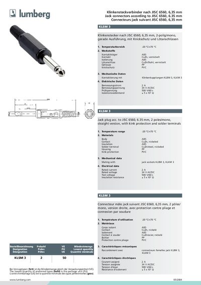 LUMBERG Klinkensteckverbinder nach JISC 6560 6 35 mm Jack connectors according to JISC 6560 6.35 mm Connecteurs jack suivant JISC 6560 6 35 mm handbook(2) - cover page