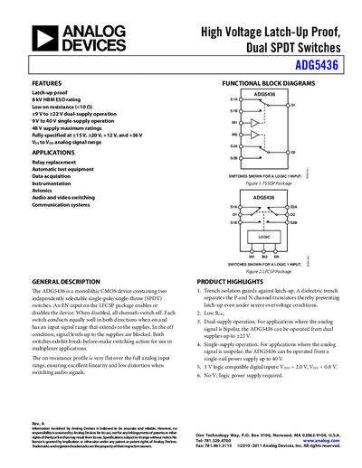 Analog Devices ADG5436 Dual SPDT Switch Datasheet - cover page