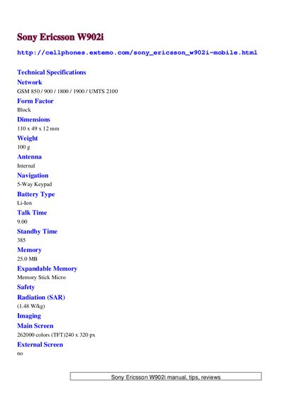 Sony Ericsson W902i Product Specification Sheet - cover page
