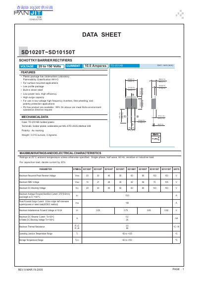 Panjit SD1020T~SD10150T Schottky Barrier Rectifiers Datasheet - cover page