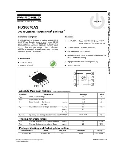 Fairchild FDS6670AS N-Channel PowerTrench SyncFET Datasheet - cover page