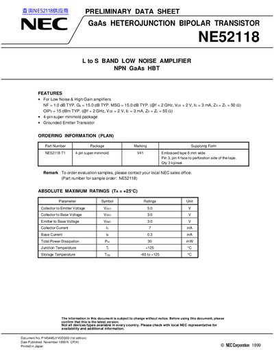 NEC NE52118 GaAs HBT Low Noise Amplifier Datasheet - cover page