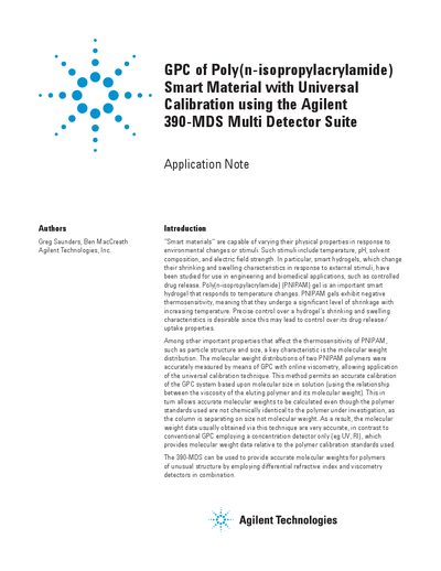 Agilent GPC of poly(n-isopropylacrylamide) Smart Material with Universal Calibration Using the 390-LC Multi Detector Suite (MDS) Application Note - cover page
