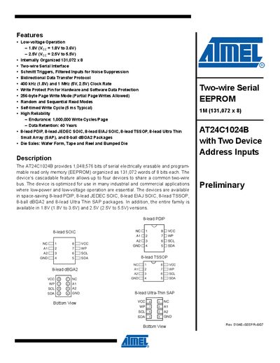 Atmel AT24C1024B EEPROM Datasheet - cover page