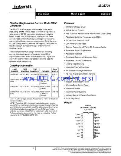 Intersil ISL6721 PWM Controller Datasheet - cover page