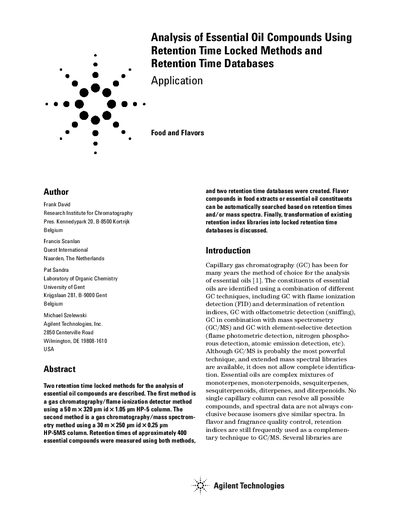 Agilent Analysis of Essential Oil Compounds Using Retention Time Locked Methods Application Note - cover page