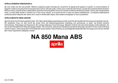 Aprilia NA 850 Mana ABS Owner's Manual - cover page