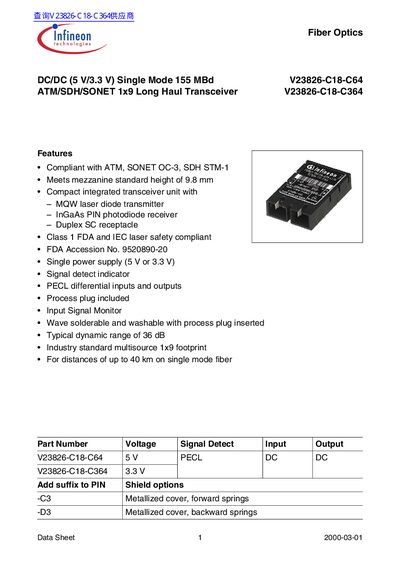 Infineon DC/DC (5 V/3.3 V) Single Mode 155 MBd ATM/SDH/SONET 1x9 Long Haul Transceiver DATA SHEET - cover page
