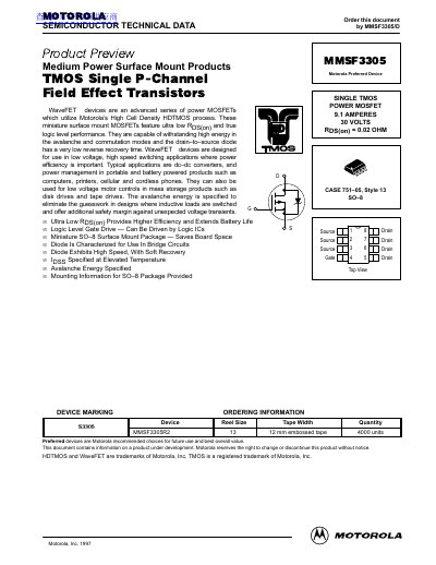 Motorola MMSF3305 Power MOSFET Datasheet - cover page