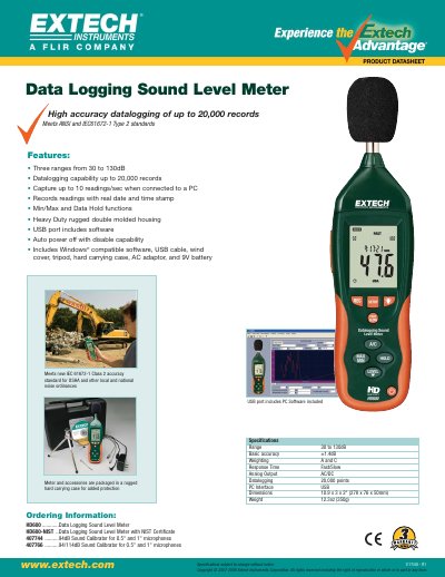 Extech HD600 Data Logging Sound Level Meter Ordering Information - cover page