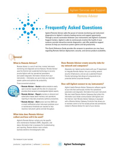 Agilent Remote Advisor Frequently Asked Questions Guide - cover page