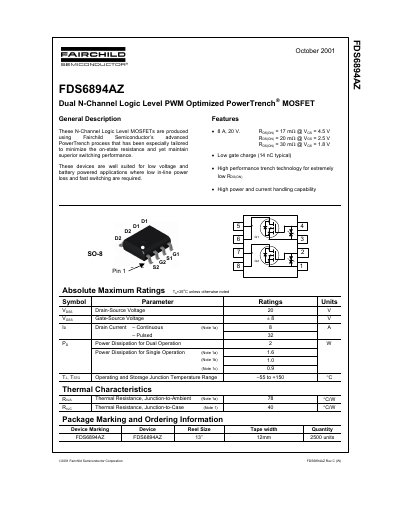 Fairchild FDS6894AZ Dual N-Channel MOSFET Datasheet - cover page