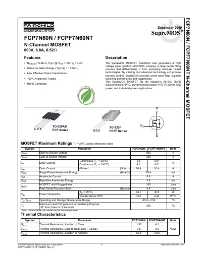 Fairchild Semiconductor FCP7N60N/FCPF7N60NT N-Channel MOSFET Datasheet - cover page