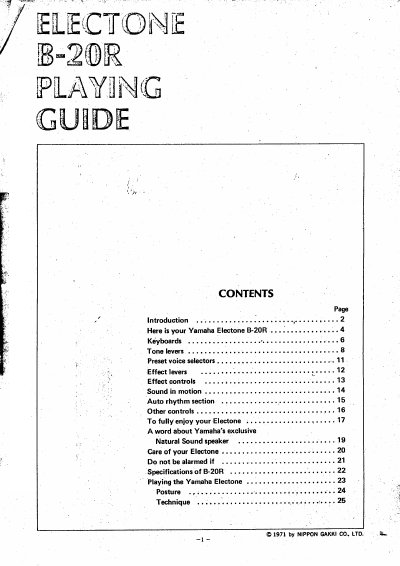 Yamaha Electone B-20R Playing Guide - cover page