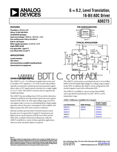 Analog Devices AD8275 Datasheet - cover page
