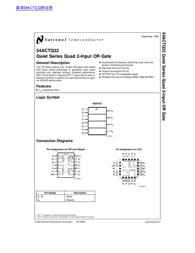 National Semiconductor 54ACTQ32 Quad 2-Input OR Gate Datasheet - cover page