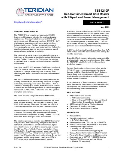 Teridian 73S1210F Smart Card Reader Data Sheet - cover page