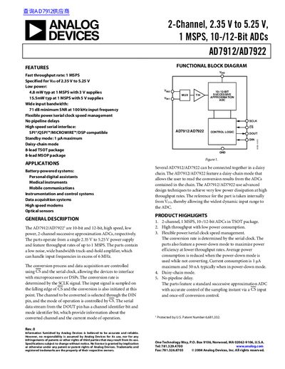 Analog Devices AD7912/AD7922 2-Channel ADC Datasheet - cover page