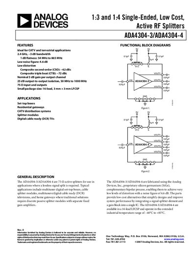 Analog Devices ADA4304-3/ADA4304-4 Active RF Splitter Product Handbook - cover page