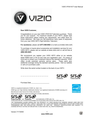 VIZIO VF551XVT HDTV User Manual - cover page