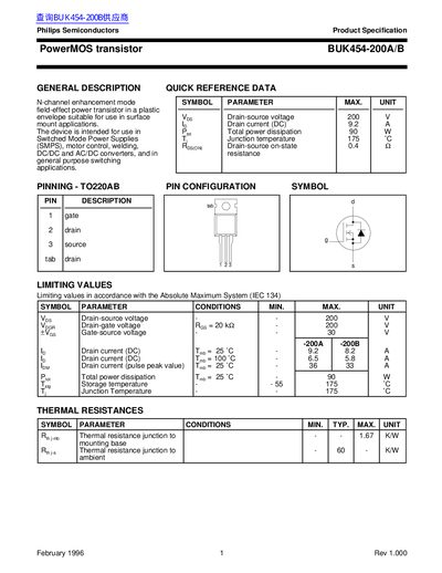 Philips BUK454-200A/B PowerMOS Transistor Datasheet - cover page