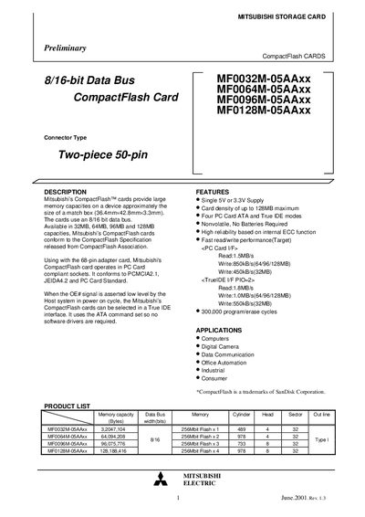 MITSUBISHI STORAGE CARD MF0032M-05AAxx MF0064M-05AAxx MF0096M-05AAxx MF0128M-05AAxx Data sheet  - cover page