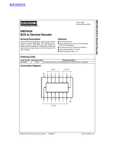 Fairchild DM7442A BCD to Decimal Decoder Datasheet - cover page