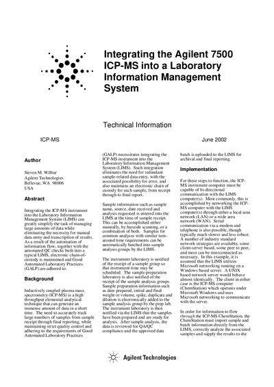 Agilent 7500 ICP-MS LIMS Integration Technical Information - cover page