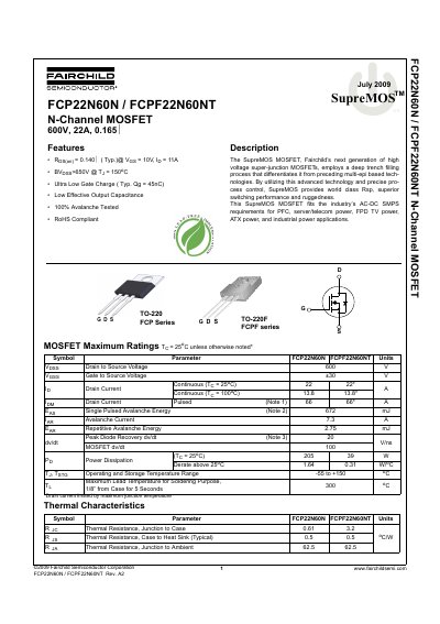 Fairchild Semiconductor FCP22N60N/FCPF22N60NT SupreMOS N-Channel MOSFET Datasheet - cover page