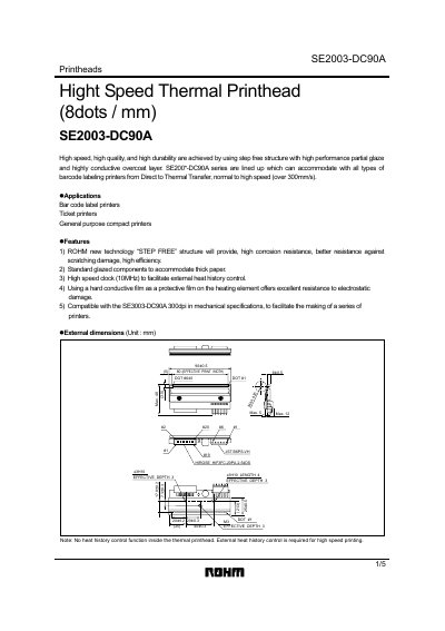 ROHM SE2003-DC90A High Speed Thermal Printhead Datasheet - cover page