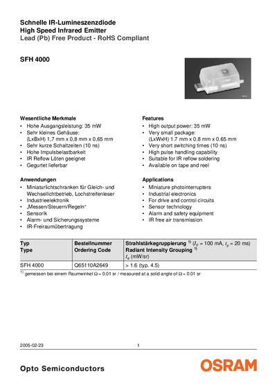 OSRAM SFH 4000 Infrared Emitter Datasheet - cover page