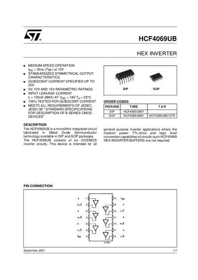 STMicroelectronics HCF4069UB Hex Inverter Datasheet - cover page