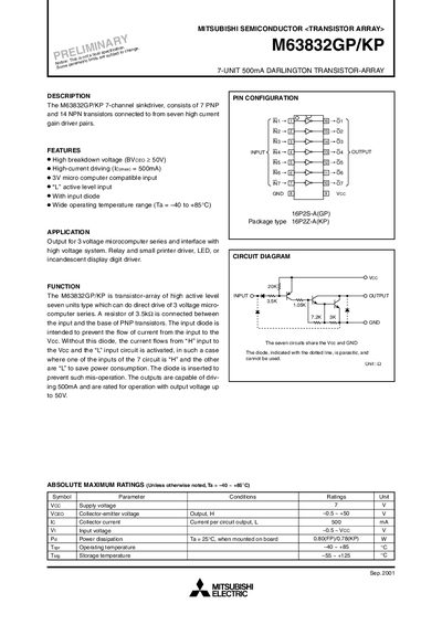 Mitsubishi M63832GP/KP Transistor Array Datasheet - cover page