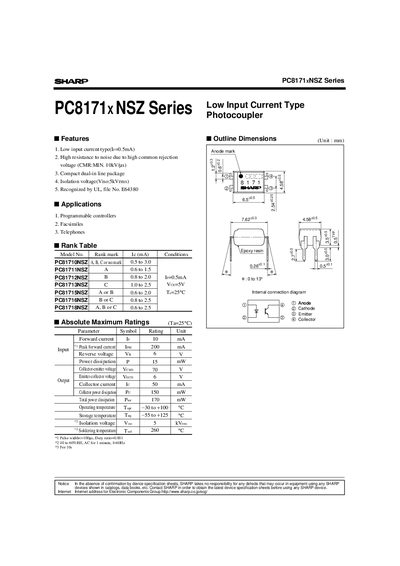Sharp PC8171xNSZ Series Photocoupler Datasheet - cover page