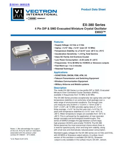 Vectron EX-380 Series 4 Pin DIP SMD Evacuated Miniature Crystal Oscillator Datasheet - cover page
