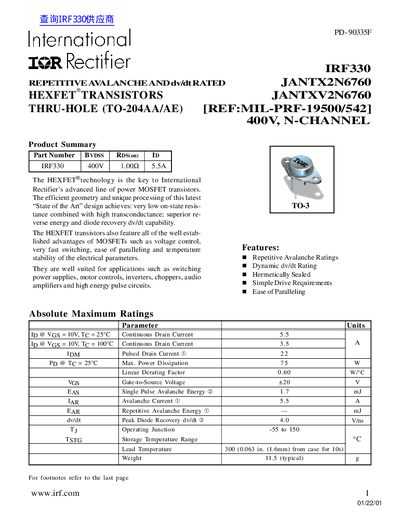 International Rectifier IRF330 HEXFET Transistor Datasheet - cover page