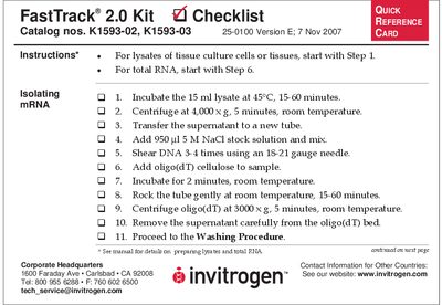 Invitrogen FastTrack 2.0 Kit mRNA Isolation Quick Reference Card - cover page
