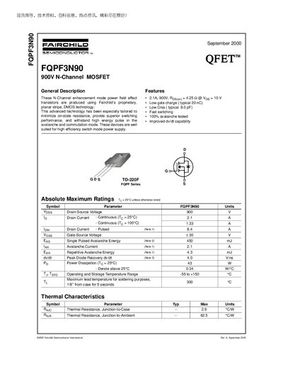 Fairchild FQPF3N90 N-Channel MOSFET Datasheet